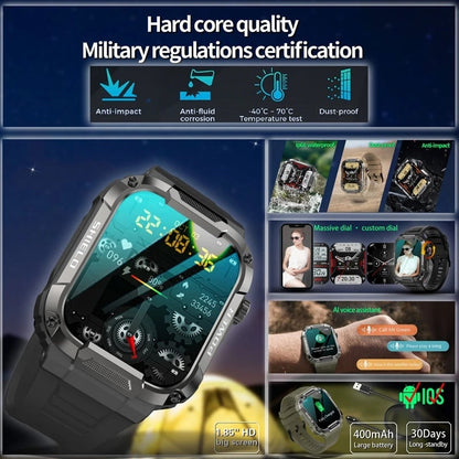 Rugged Military Smart Watch for Men | Android iOS Fitness Watch | IP68 Waterproof | 1.85 inch | AI Voice | Bluetooth Call | 2023